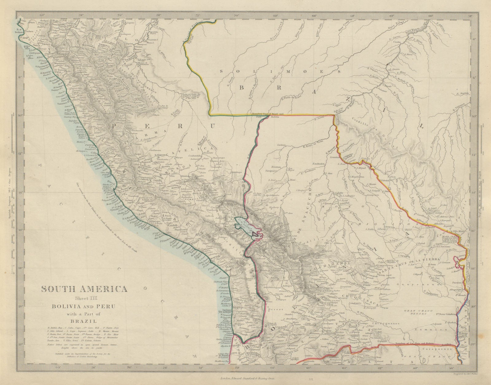 BOLIVIA with Litoral & PERU. Brazil Matto Grosso Amazonas. SDUK 1874 old map